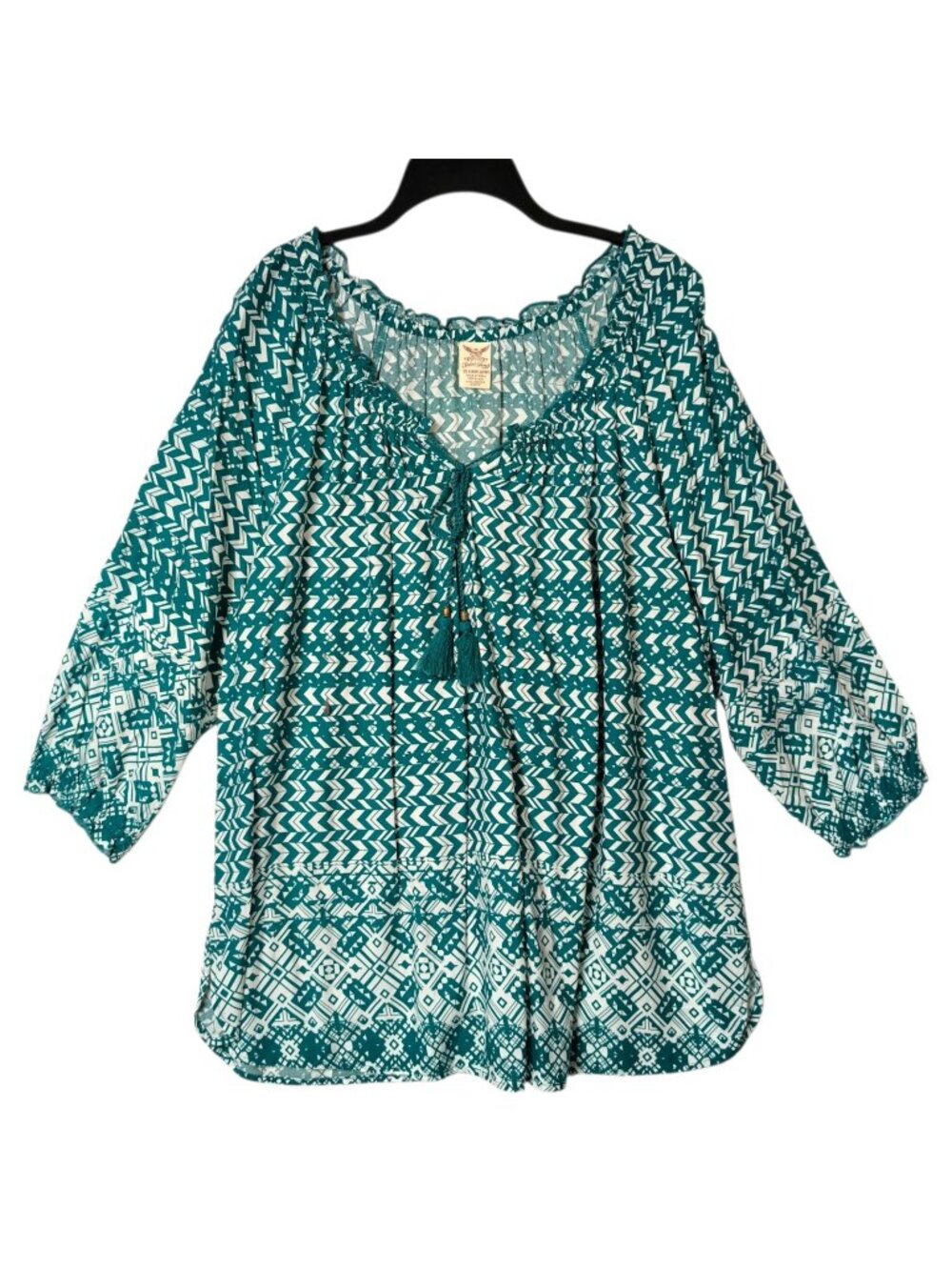 Teal White Tassle Peasant Top 3/4 Sleeve Rayon Tunic Blouse Women's 2X 18-20